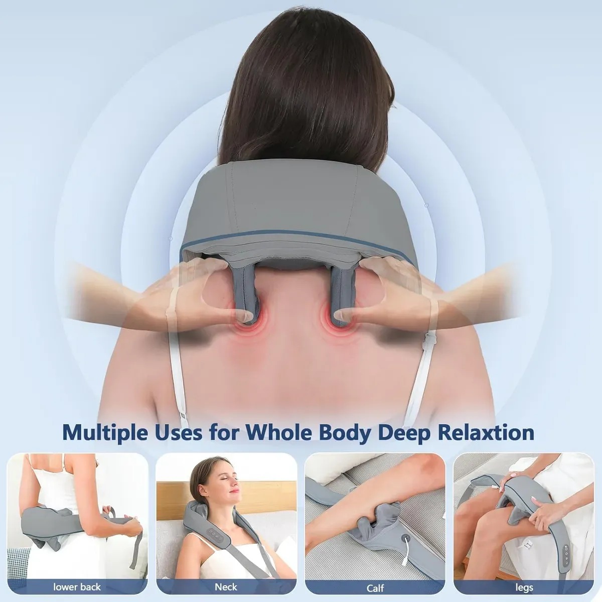 MASAJEADOR PORTATIL DE CUELLO, HOMBROS, ESPALDA Y CUERPO CON CORREAS AJUSTABLES COLOR GRIS - 3