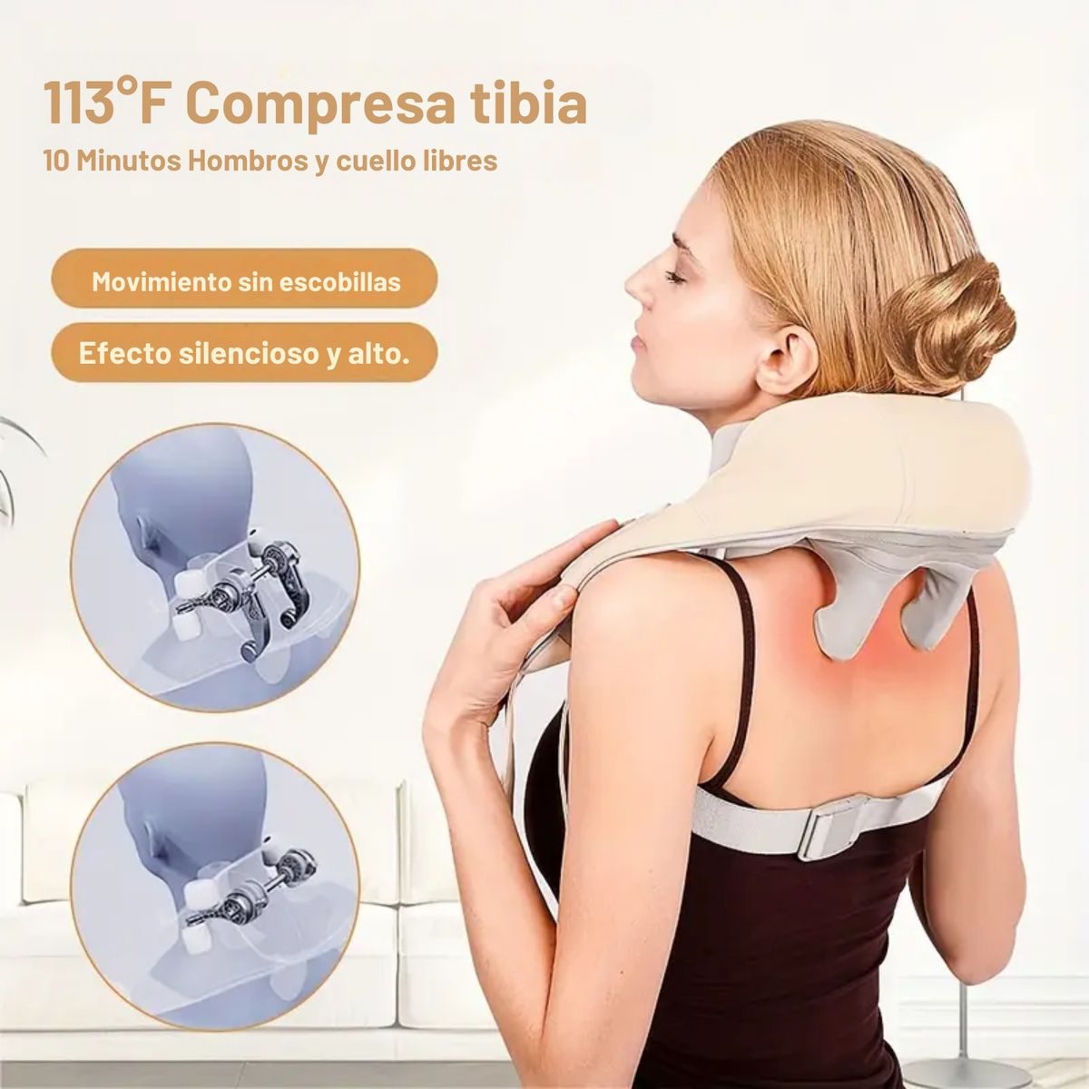MASAJEADOR PORTATIL DE CUELLO, HOMBROS, ESPALDA Y CUERPO CON CORREAS AJUSTABLES COLOR BEIGE - 2