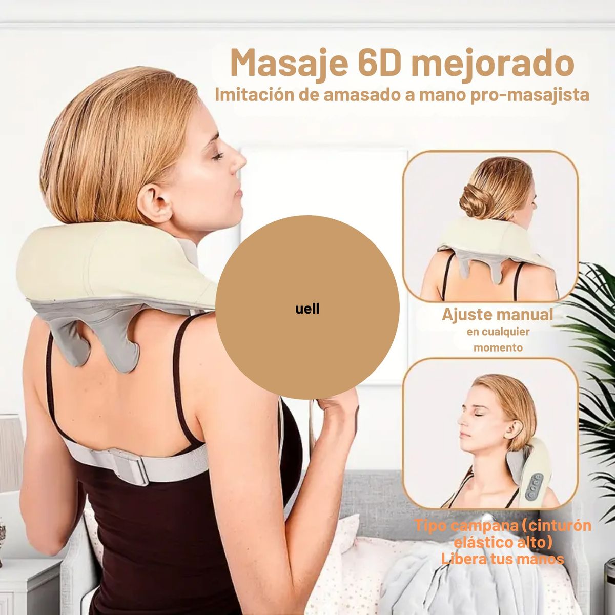 MASAJEADOR PORTATIL DE CUELLO, HOMBROS, ESPALDA Y CUERPO CON CORREAS AJUSTABLES COLOR BEIGE - 3