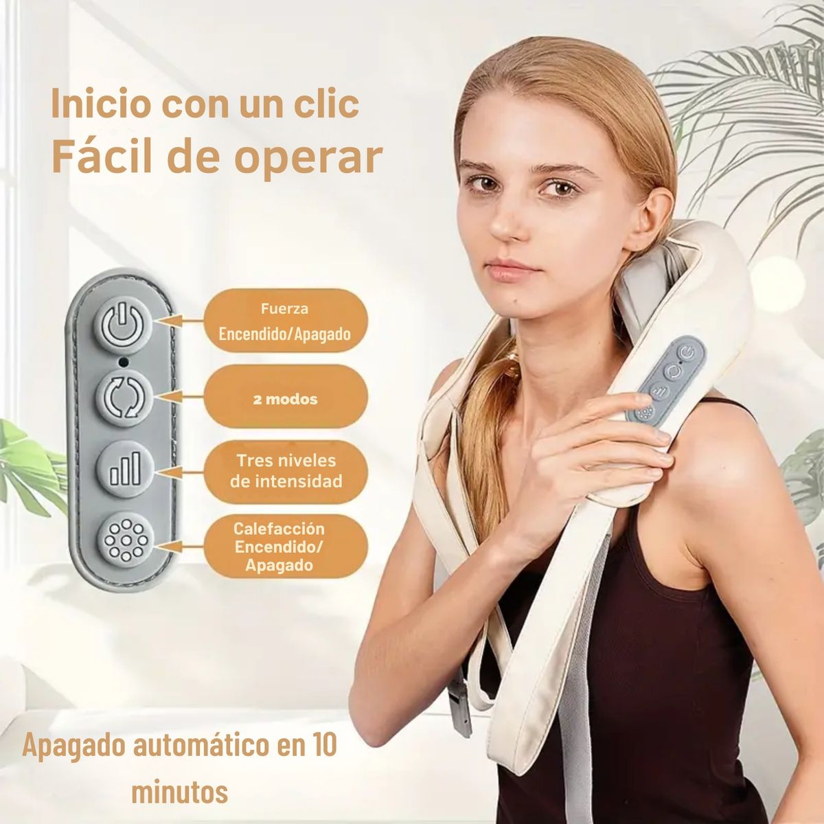 MASAJEADOR PORTATIL DE CUELLO, HOMBROS, ESPALDA Y CUERPO CON CORREAS AJUSTABLES COLOR BEIGE - 4