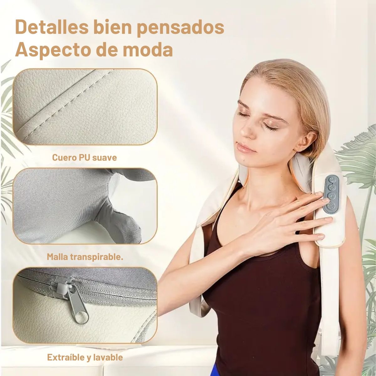 MASAJEADOR PORTATIL DE CUELLO, HOMBROS, ESPALDA Y CUERPO CON CORREAS AJUSTABLES COLOR BEIGE - 4