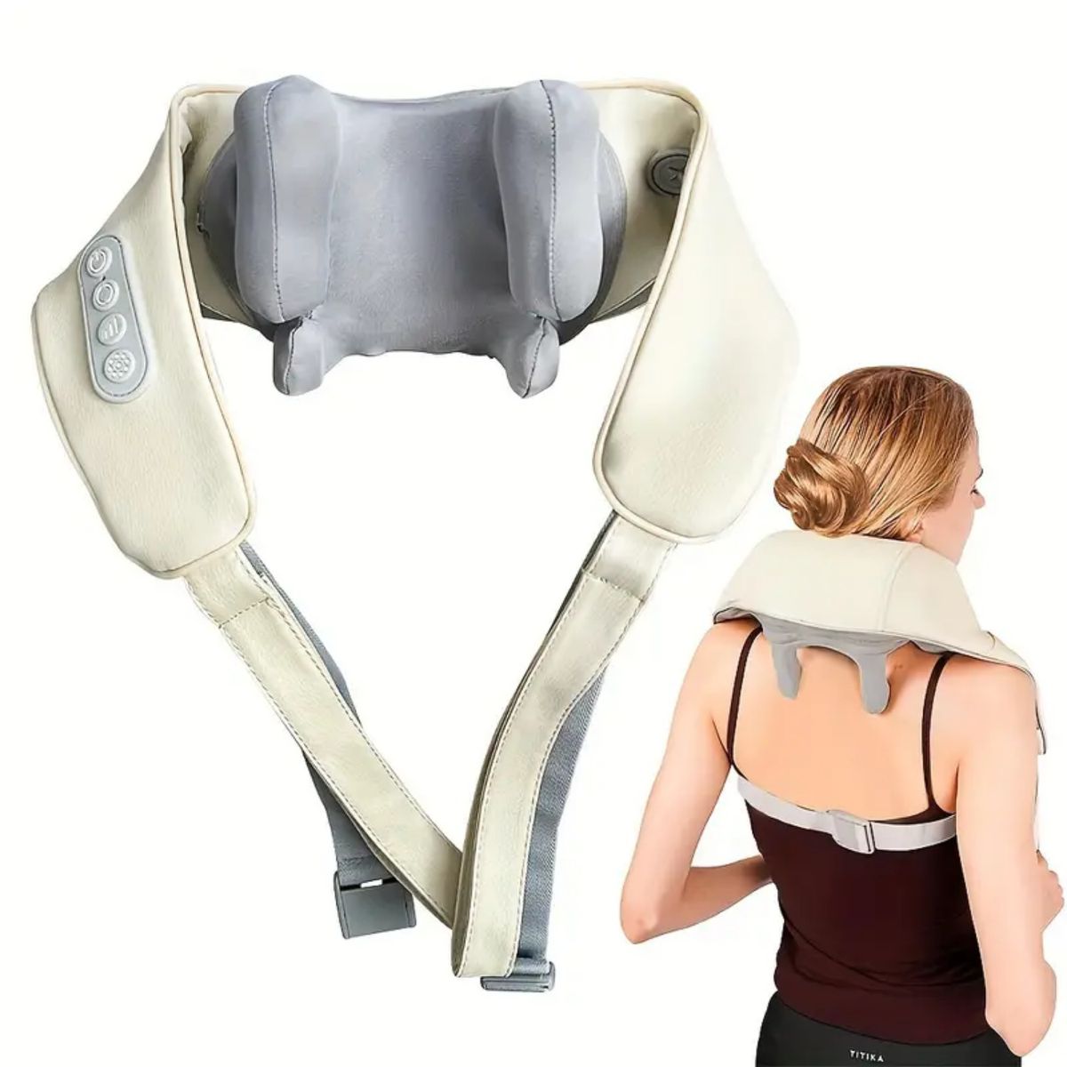 MASAJEADOR PORTATIL DE CUELLO, HOMBROS, ESPALDA Y CUERPO CON CORREAS AJUSTABLES COLOR BEIGE - 1