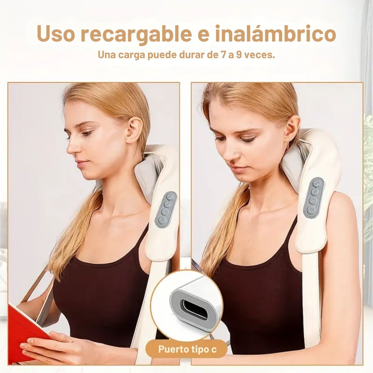 MASAJEADOR PORTATIL DE CUELLO, HOMBROS, ESPALDA Y CUERPO CON CORREAS AJUSTABLES COLOR BEIGE - 6