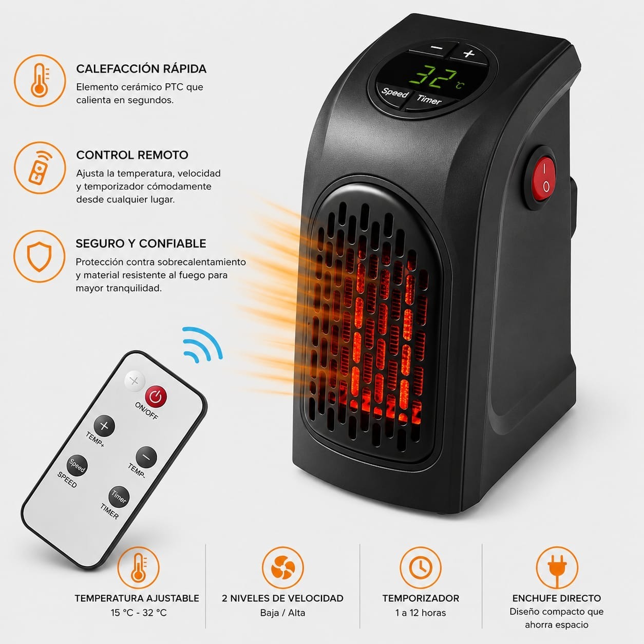 ESTUFA CALEFACTOR ELECTRICA PORTATIL CALENTADOR DE OFICINA DORMITORIO COLOR NEGRO - 1