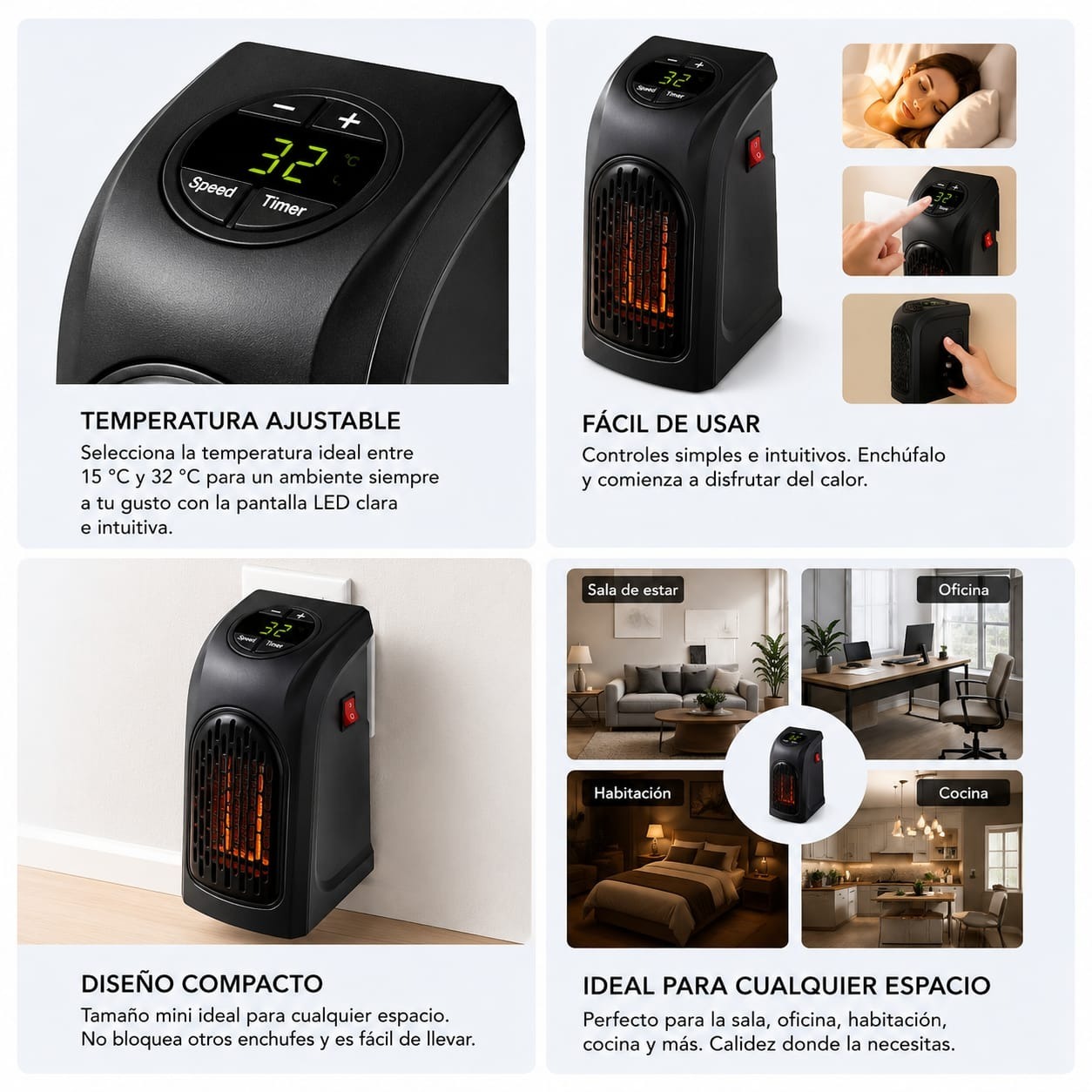 ESTUFA CALEFACTOR ELECTRICA PORTATIL CALENTADOR DE OFICINA DORMITORIO COLOR NEGRO - 4