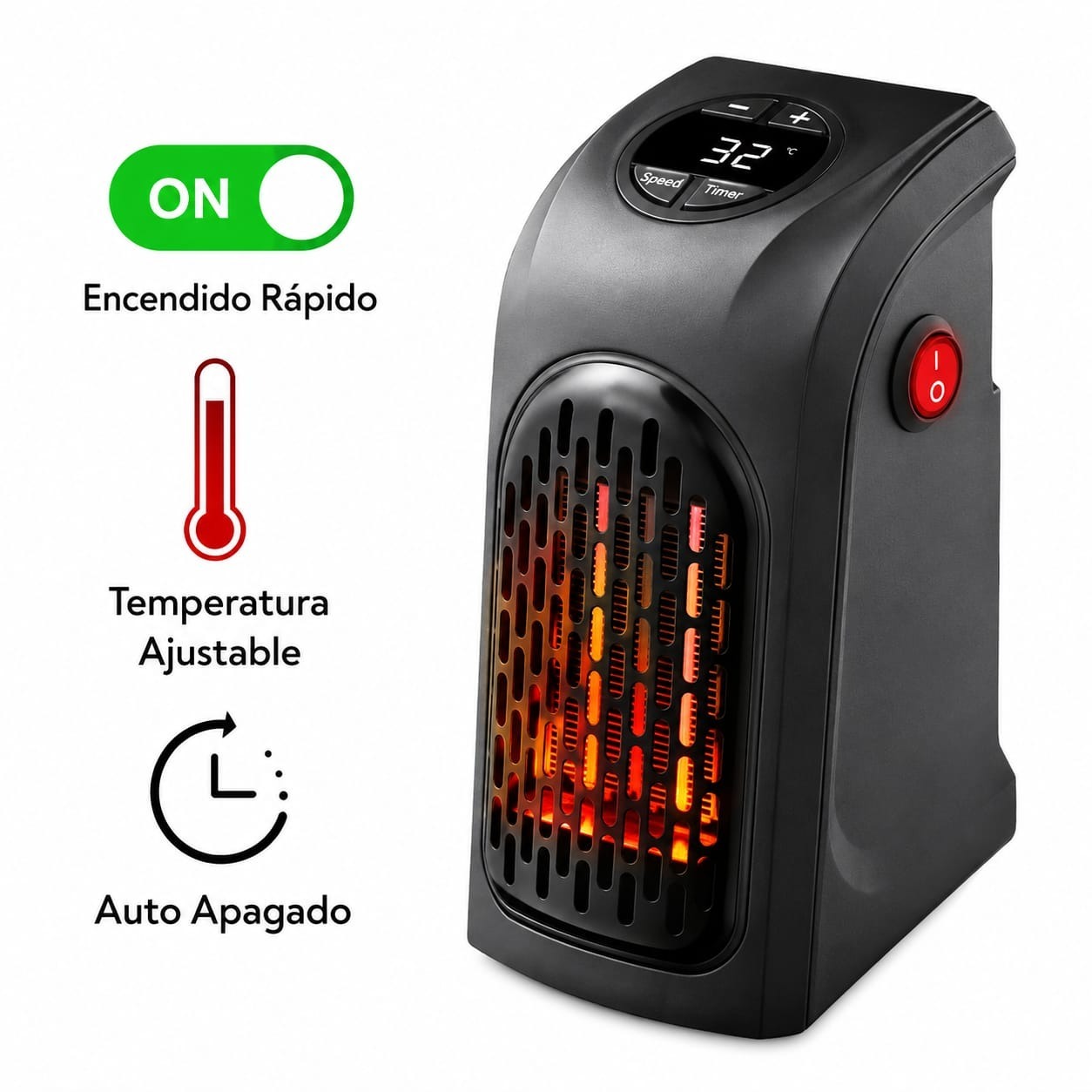 ESTUFA CALEFACTOR ELECTRICA PORTATIL CALENTADOR DE OFICINA DORMITORIO COLOR NEGRO - 3