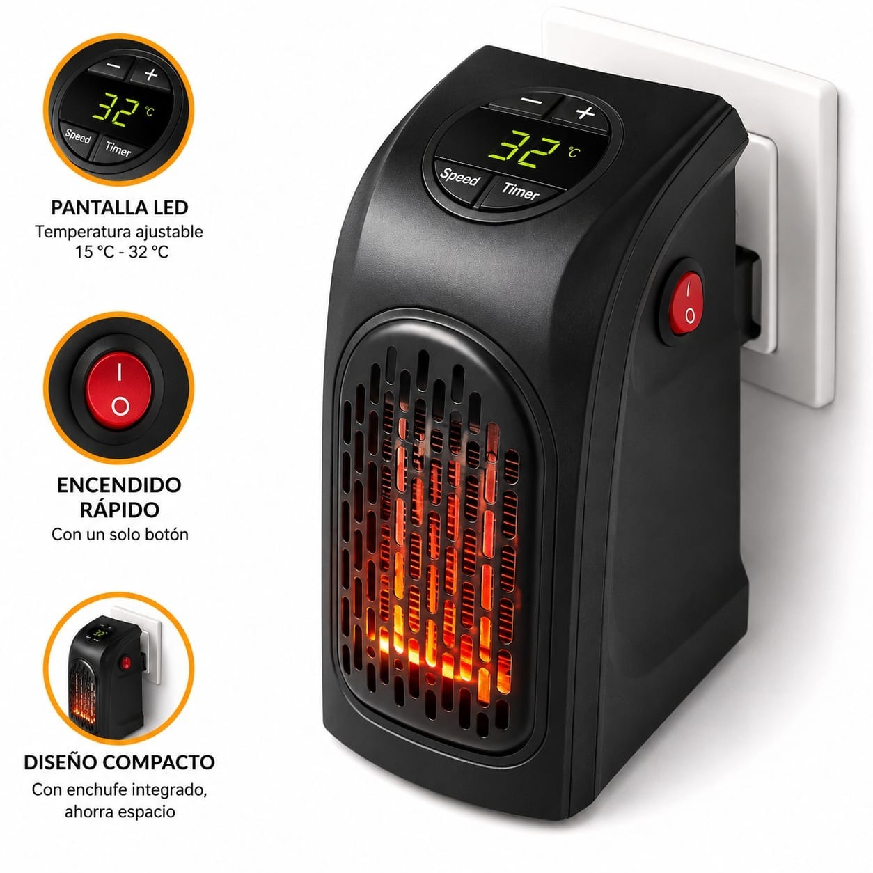 ESTUFA CALEFACTOR ELECTRICA PORTATIL CALENTADOR DE OFICINA DORMITORIO COLOR NEGRO - 2