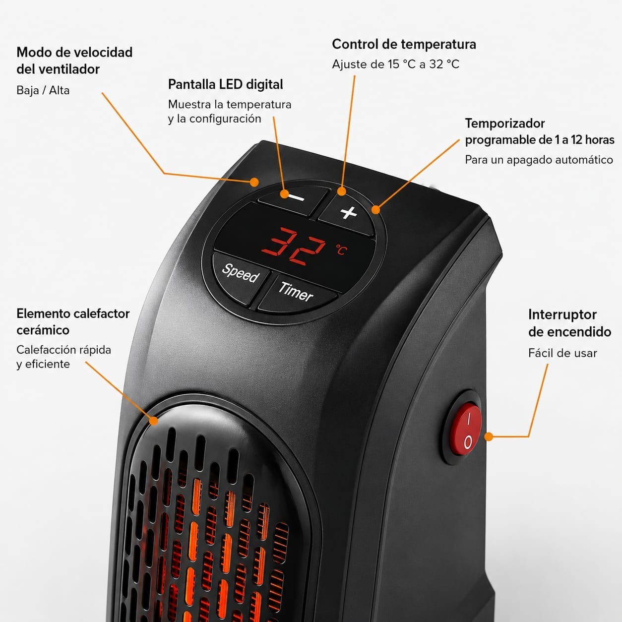 ESTUFA CALEFACTOR ELECTRICA PORTATIL CALENTADOR DE OFICINA DORMITORIO COLOR NEGRO - 5