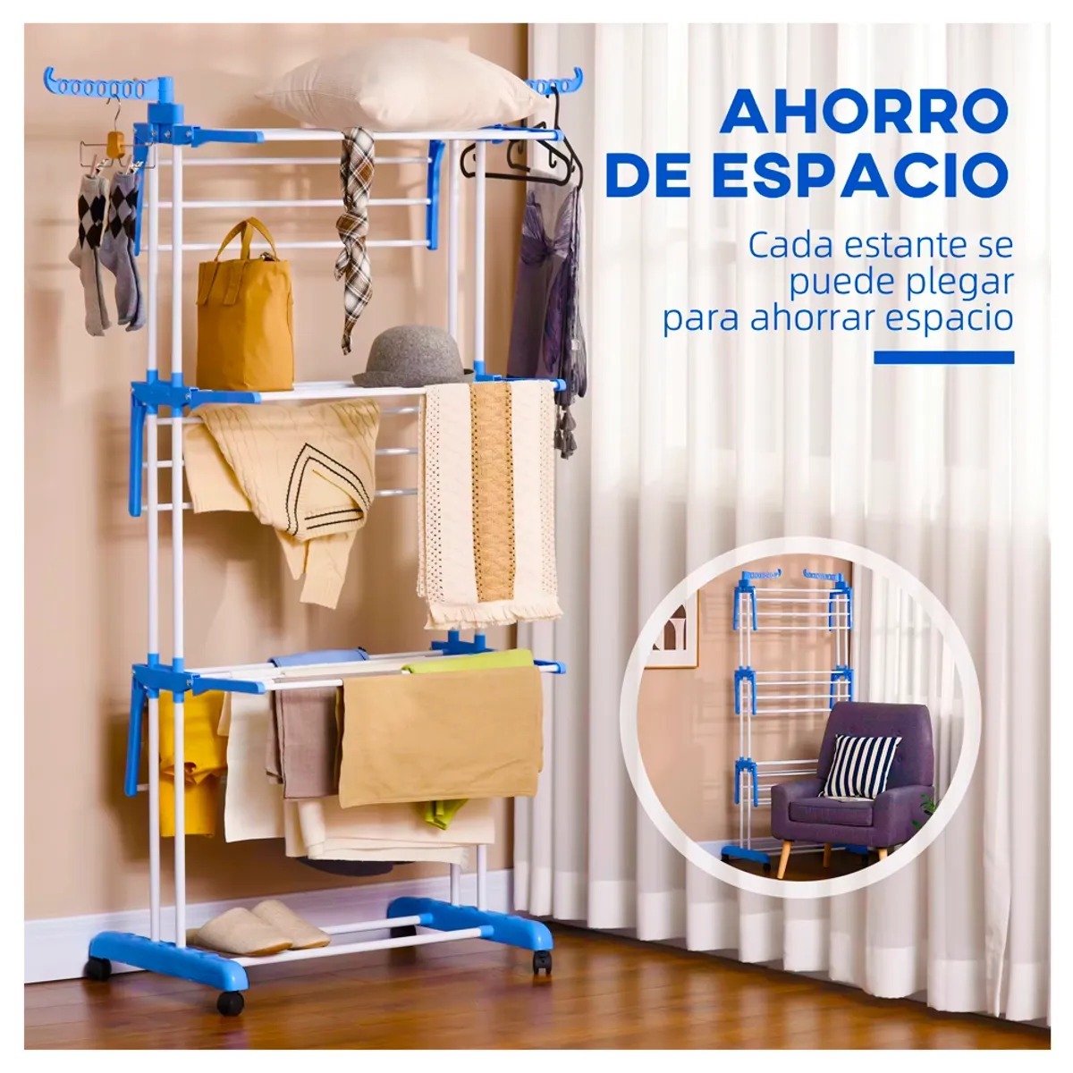 TENDEDERO PORTATIL DE 4 NIVELES AZUL, PERCHERO LATERAL Y DOBLE BARRA/TM-0035-1 - 4