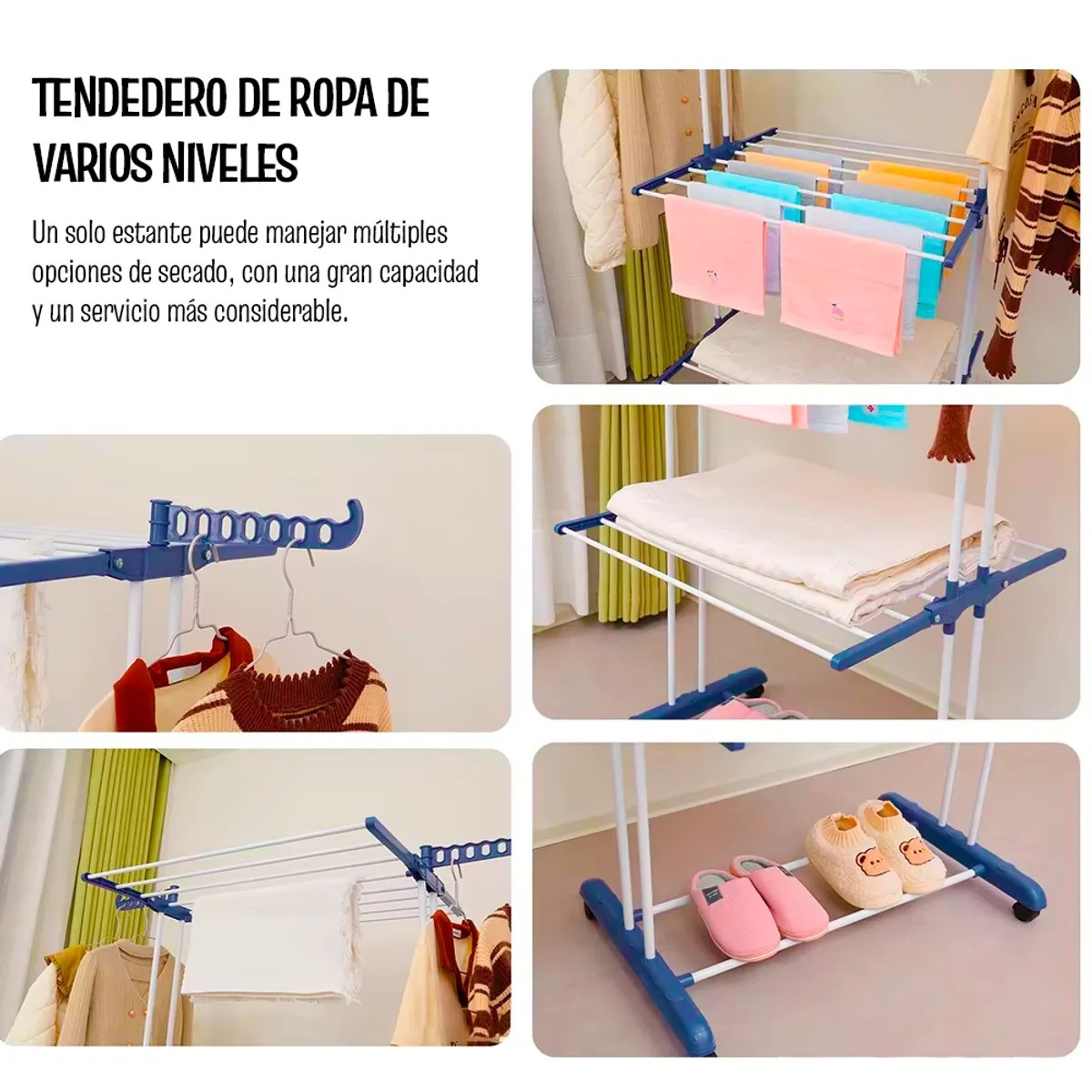 TENDEDERO PORTATIL DE 4 NIVELES AZUL, PERCHERO LATERAL Y DOBLE BARRA/TM-0035-1 - 6