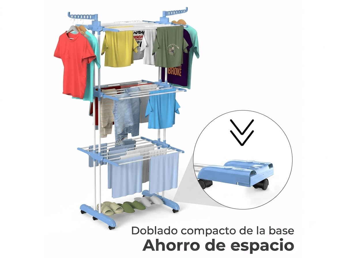 TENDEDERO PORTATIL DE 4 NIVELES AZUL, PERCHERO LATERAL Y DOBLE BARRA/TM-0035-1 - 7