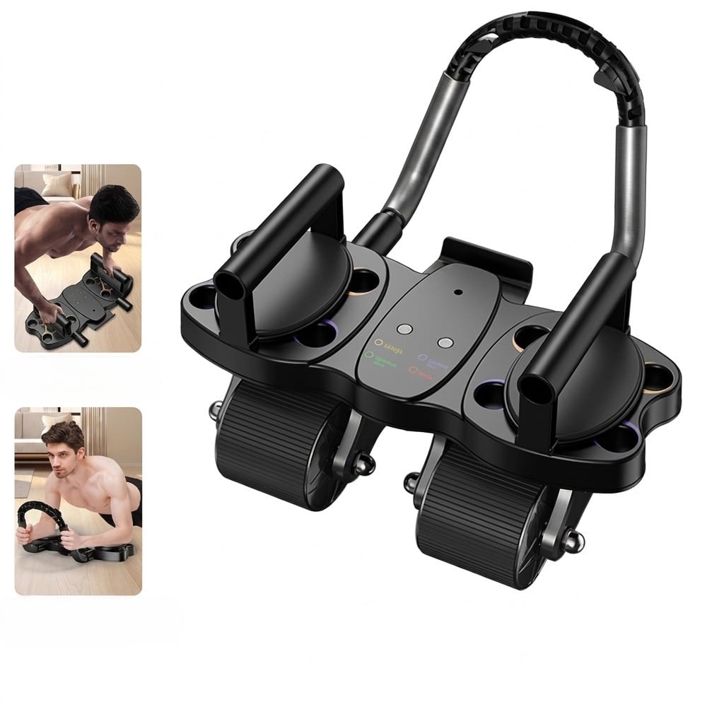 RODILLO ABDOMINAL 3 EN 1 DE 4 RUEDAS 4 CODERAS + TABLERO DE FLEXIONES COLOR NEGRO - 1
