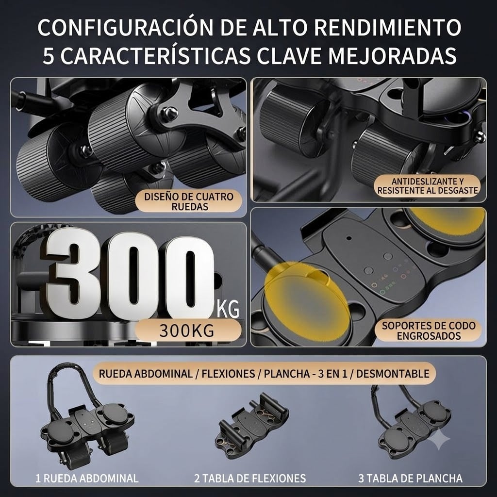 RODILLO ABDOMINAL 3 EN 1 DE 4 RUEDAS 4 CODERAS + TABLERO DE FLEXIONES COLOR NEGRO - 3