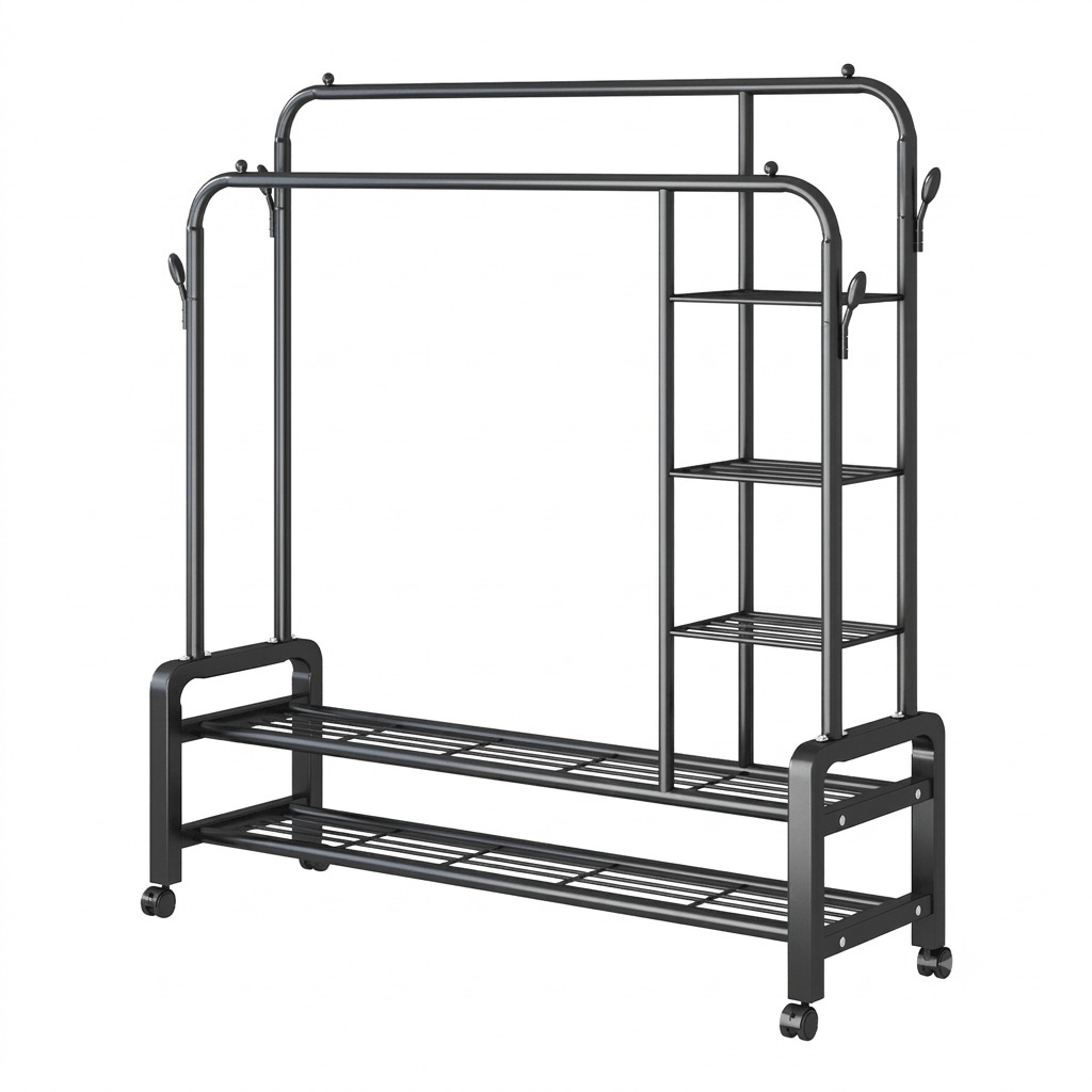 PERCHERO ORGANIZADOR MULTIFUNCIONAL 4 EN 1 CON REPISAS Y RUEDAS/VL-YP-618 100KG - 4