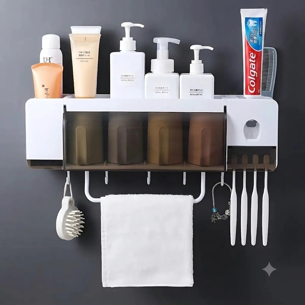 PORTA CEPILLOS MULTIFUNCION DISPENSADOR DE PASTA DIENTES JABON TOALLERO Y 4 VASOS - 1