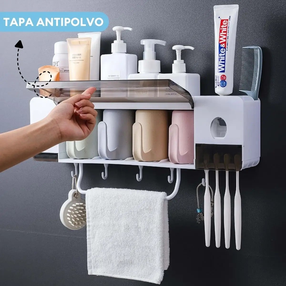 PORTA CEPILLOS MULTIFUNCION DISPENSADOR DE PASTA DIENTES JABON TOALLERO Y 4 VASOS - 2