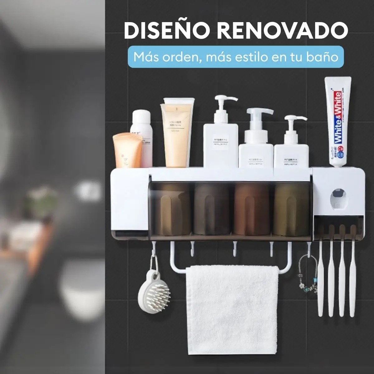 PORTA CEPILLOS MULTIFUNCION DISPENSADOR DE PASTA DIENTES JABON TOALLERO Y 4 VASOS - 3