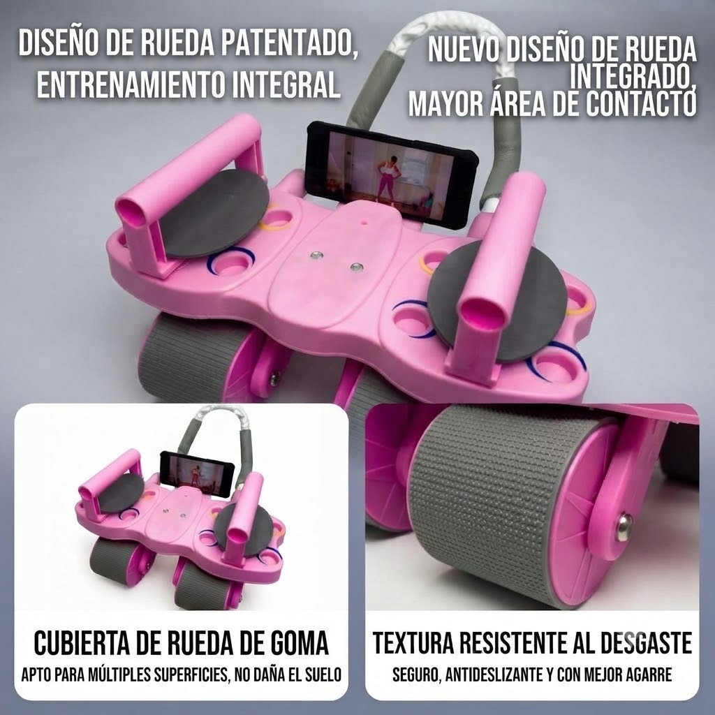 RODILLO ABDOMINAL 3 EN 1 DE 4 RUEDAS 4 CODERAS + TABLERO DE FLEXIONES COLOR ROSADO - 2