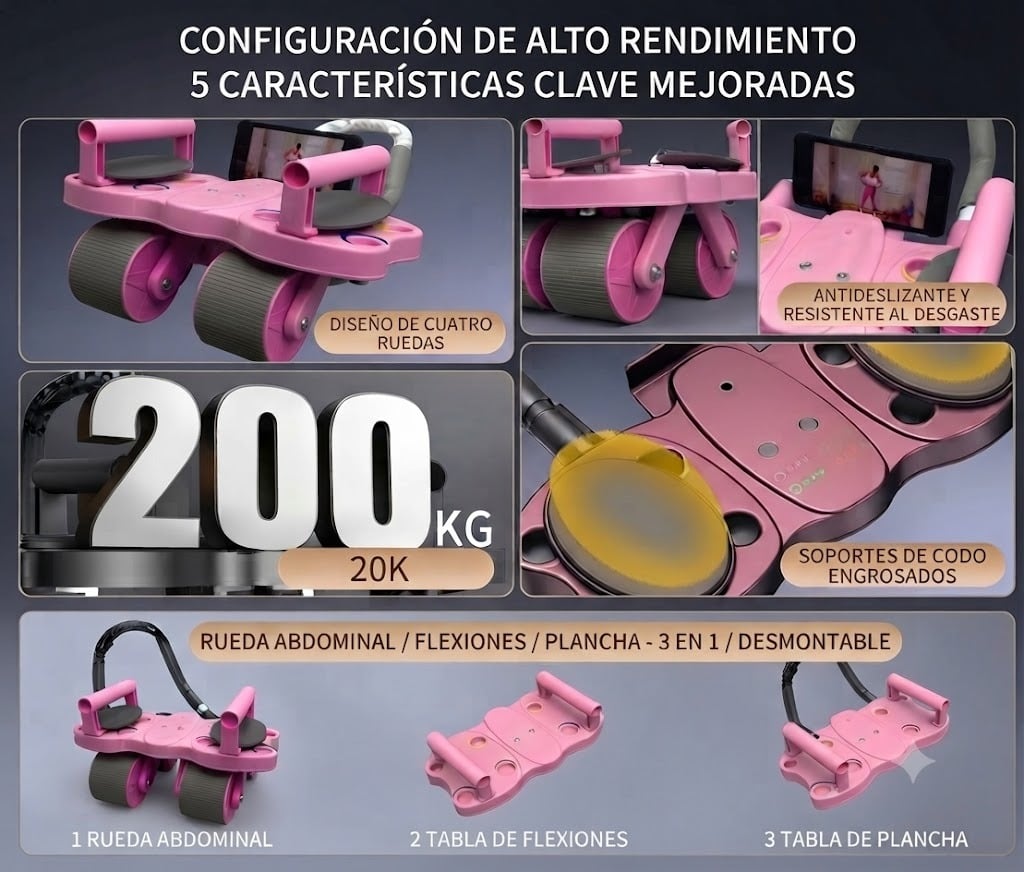 RODILLO ABDOMINAL 3 EN 1 DE 4 RUEDAS 4 CODERAS + TABLERO DE FLEXIONES COLOR ROSADO - 3