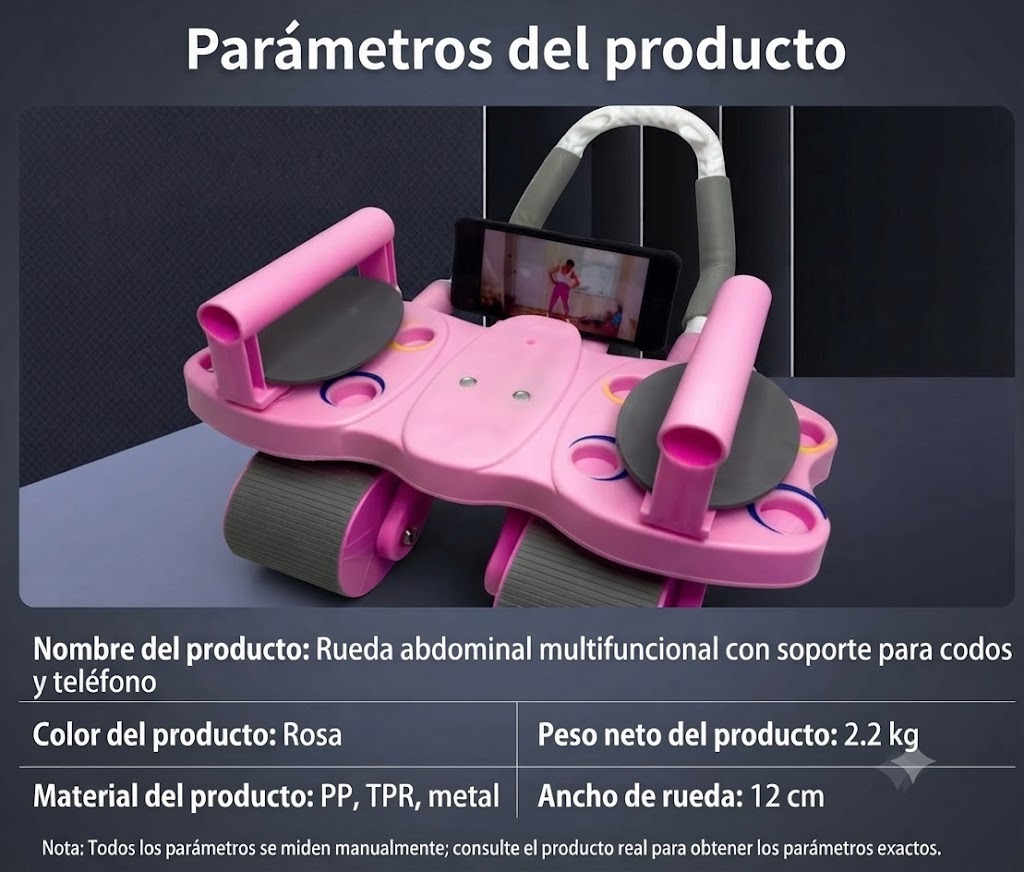 RODILLO ABDOMINAL 3 EN 1 DE 4 RUEDAS 4 CODERAS + TABLERO DE FLEXIONES COLOR ROSADO - 4