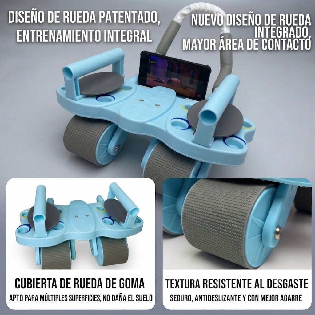 RODILLO ABDOMINAL 3 EN 1 DE 4 RUEDAS 4 CODERAS + TABLERO DE FLEXIONES COLOR CELESTE - 2