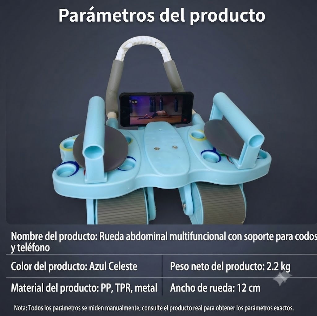 RODILLO ABDOMINAL 3 EN 1 DE 4 RUEDAS 4 CODERAS + TABLERO DE FLEXIONES COLOR CELESTE - 4