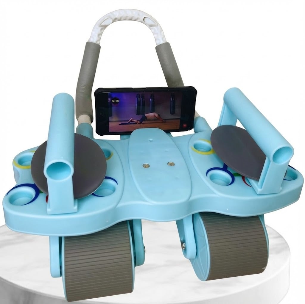 RODILLO ABDOMINAL 3 EN 1 DE 4 RUEDAS 4 CODERAS + TABLERO DE FLEXIONES COLOR CELESTE - 1