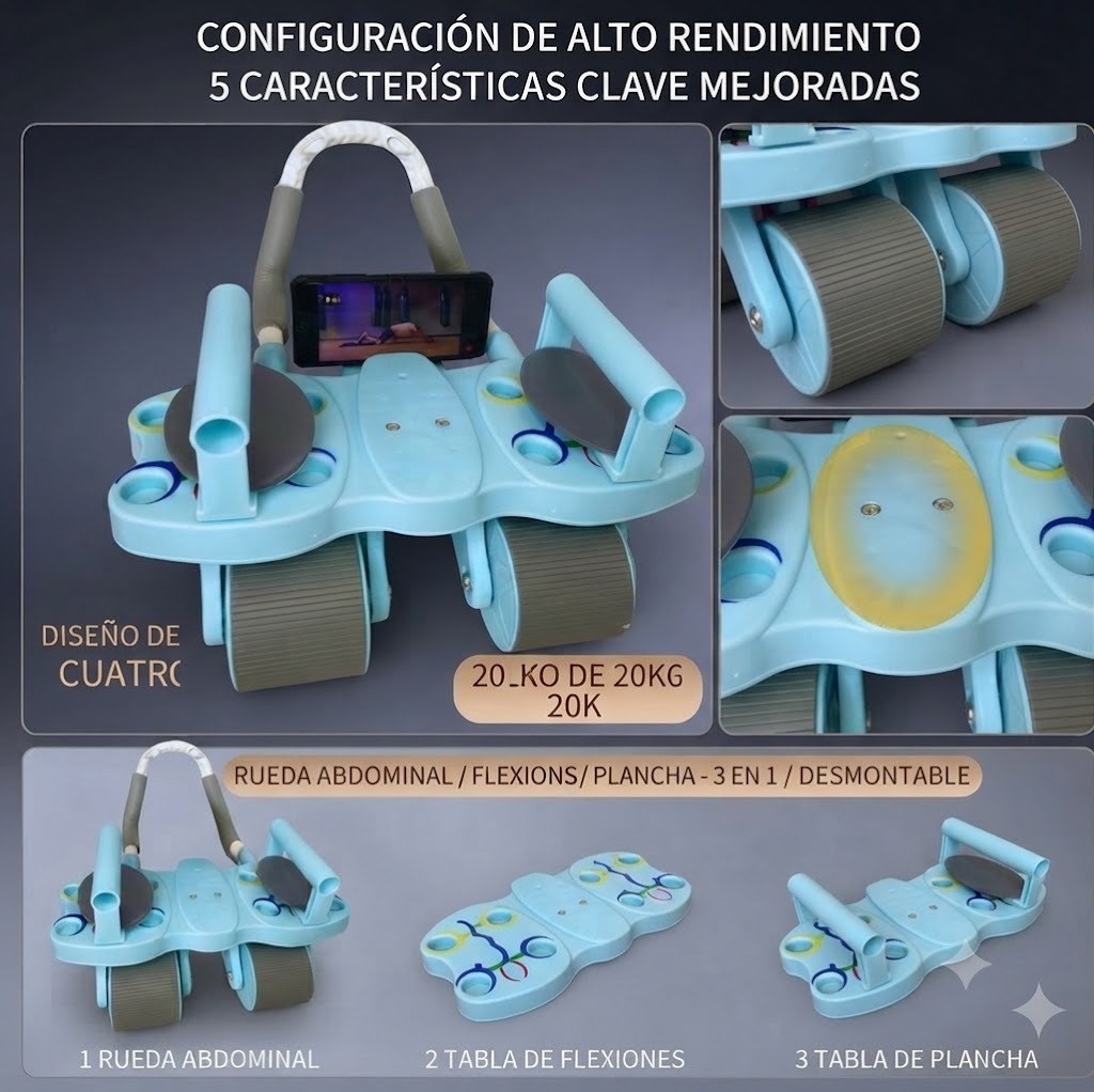 RODILLO ABDOMINAL 3 EN 1 DE 4 RUEDAS 4 CODERAS + TABLERO DE FLEXIONES COLOR CELESTE - 3