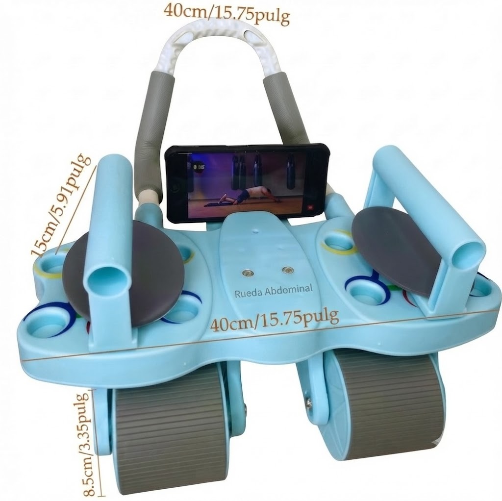 RODILLO ABDOMINAL 3 EN 1 DE 4 RUEDAS 4 CODERAS + TABLERO DE FLEXIONES COLOR CELESTE - 6