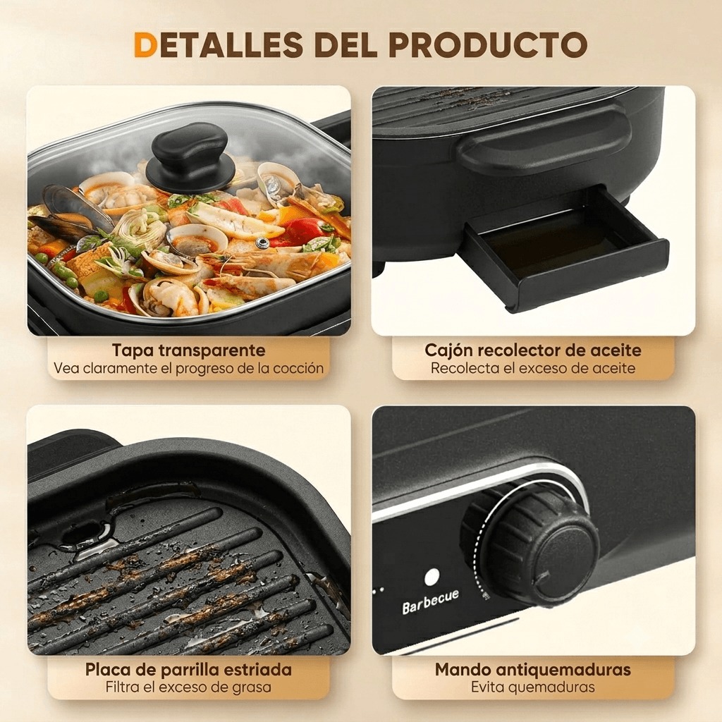 COCINA MULTIFUNCIONAL CON OLLA Y PARRILLA JUNTA ANTIADHERENTE 1550W RAF MOD R5433 - 2