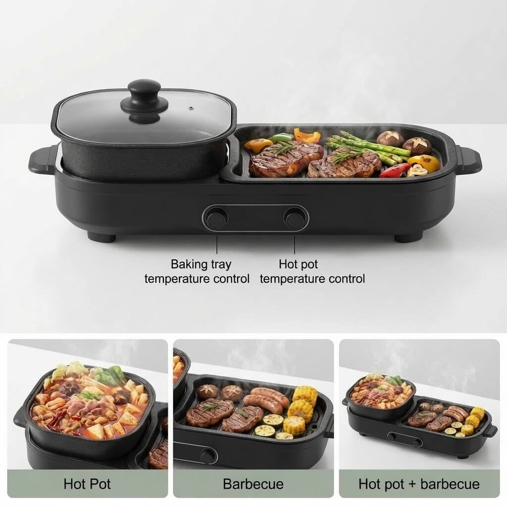 COCINA MULTIFUNCIONAL CON OLLA Y PARRILLA JUNTA ANTIADHERENTE 1550W RAF MOD R5433 - 5