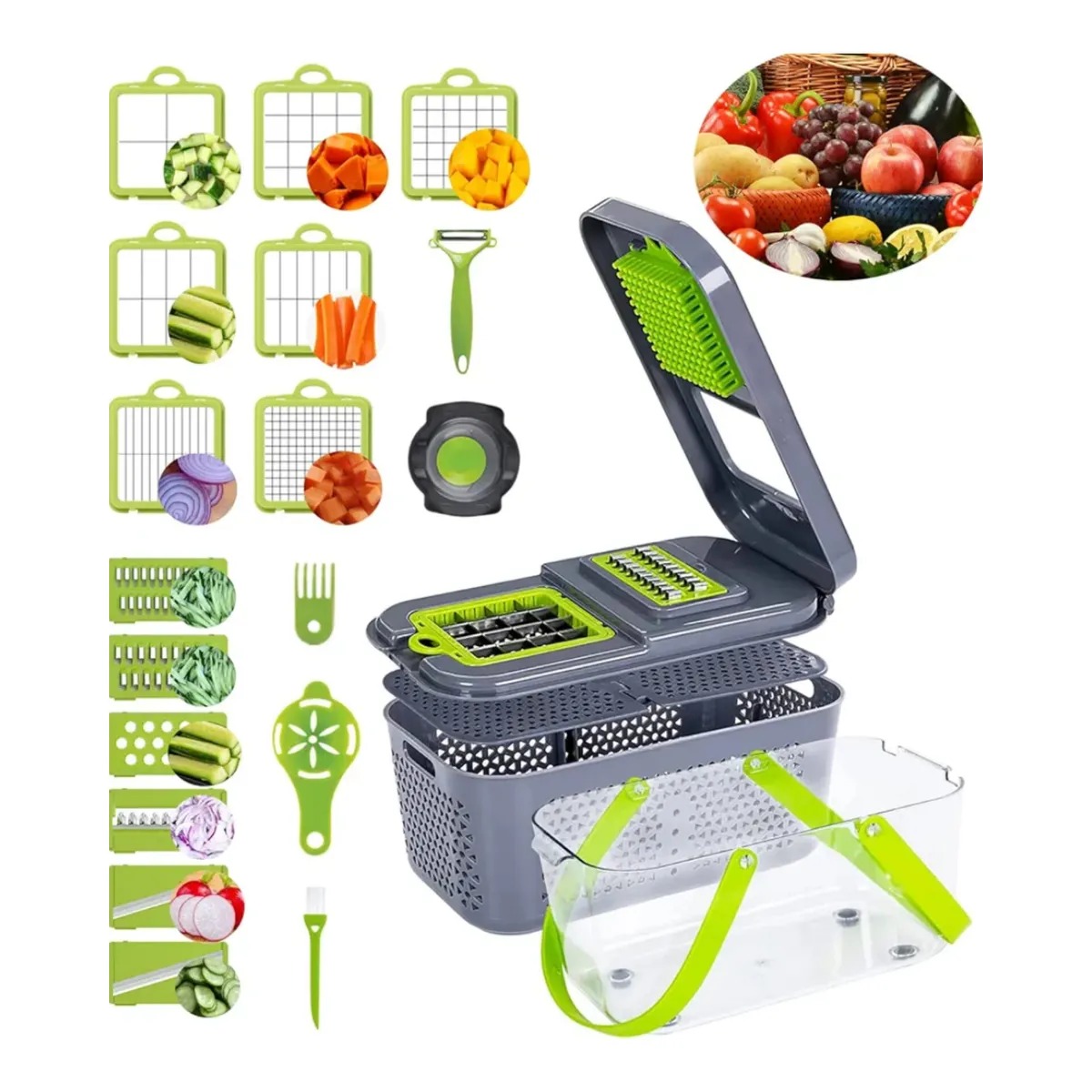 CORTADOR MULTIFUNCIONAL 22 PIEZAS PICADOR RAYADOR Y REBANADOR DE VERDURAS Y FRUTAS COLOR VERDE - 1