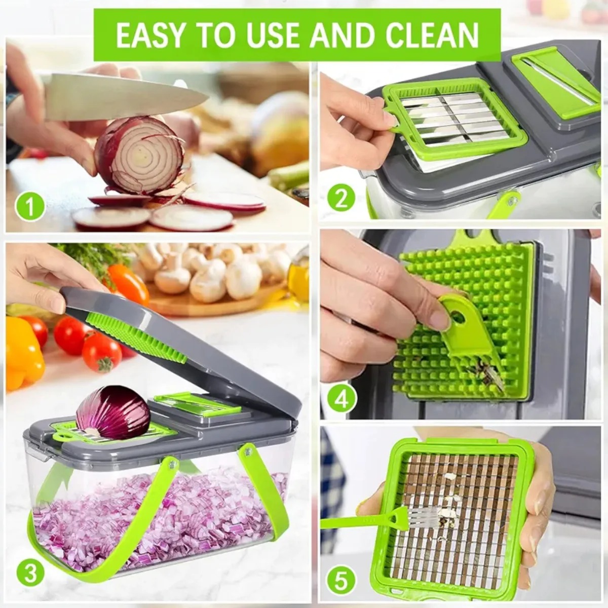 CORTADOR MULTIFUNCIONAL 22 PIEZAS PICADOR RAYADOR Y REBANADOR DE VERDURAS Y FRUTAS COLOR VERDE - 4