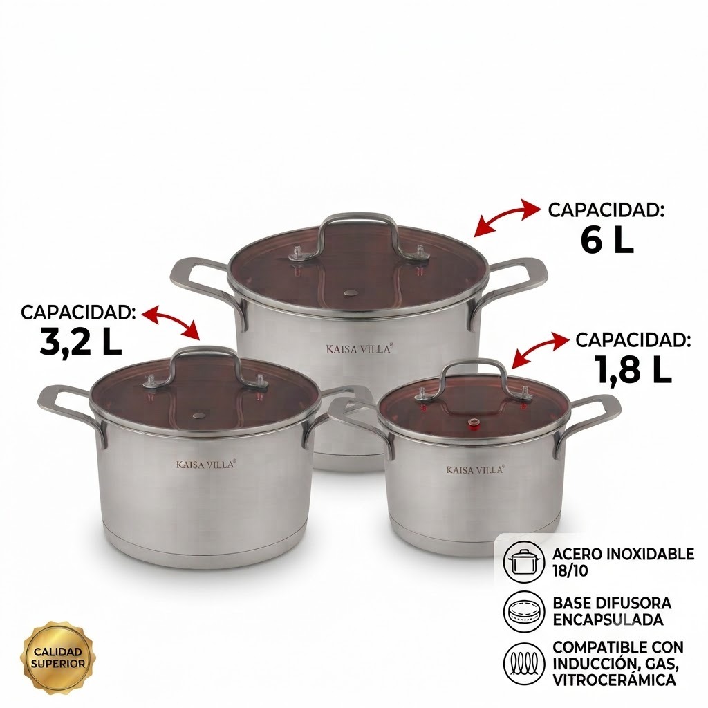 JUEGO DE OLLAS DE COCINA 6 PIEZAS ACERO INOXIDABLE DOBLE REFUERZO KAISA VILLA KV-1050 - 4
