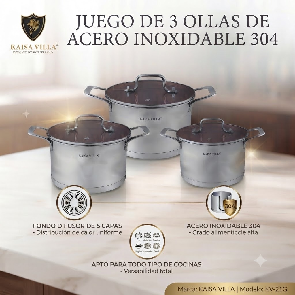 JUEGO DE OLLAS DE COCINA 6 PIEZAS ACERO INOXIDABLE DOBLE REFUERZO KAISA VILLA KV-1050 - 2