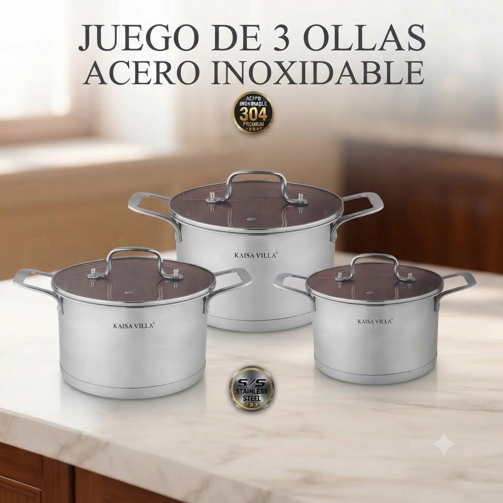 JUEGO DE OLLAS DE COCINA 6 PIEZAS ACERO INOXIDABLE DOBLE REFUERZO KAISA VILLA KV-1050 - 1