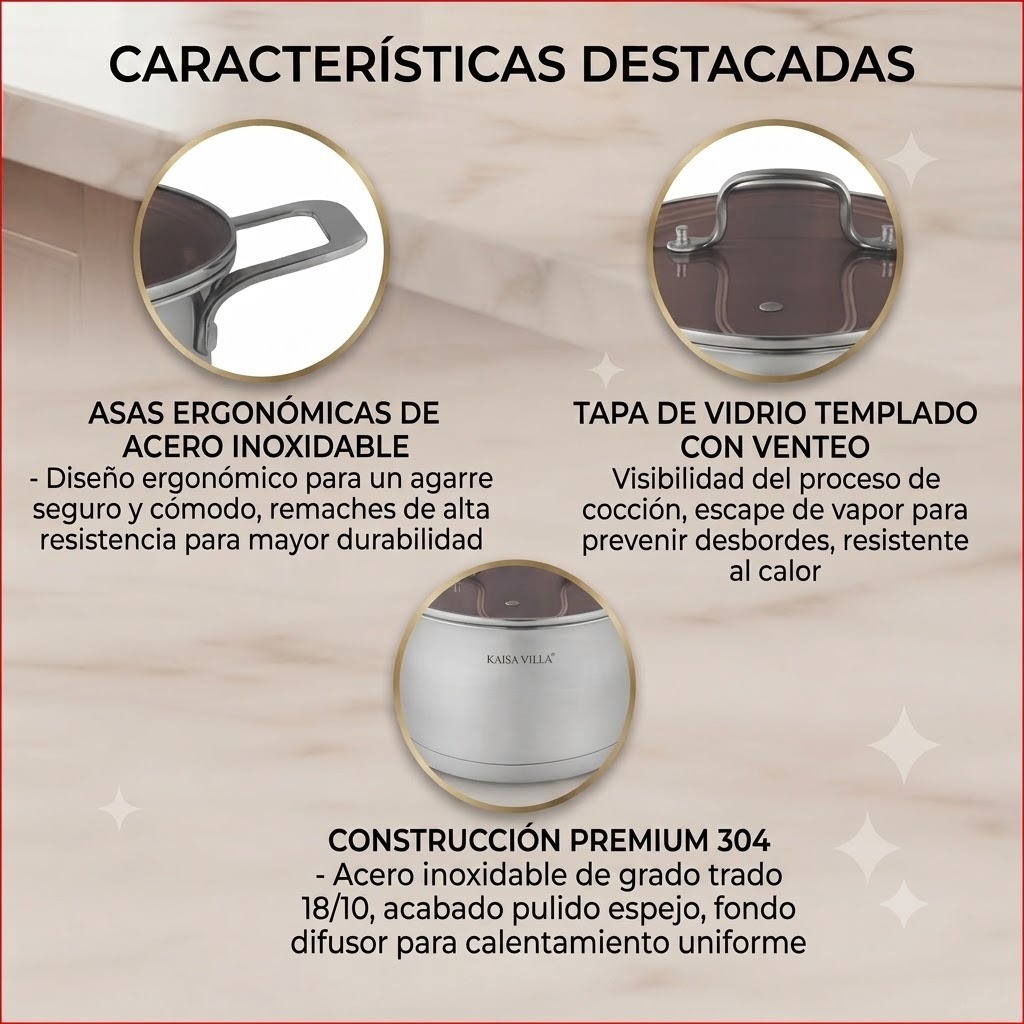 JUEGO DE OLLAS DE COCINA 6 PIEZAS ACERO INOXIDABLE DOBLE REFUERZO KAISA VILLA KV-1050 - 3