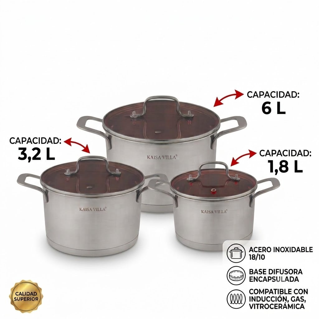 JUEGO DE OLLAS DE COCINA 6 PIEZAS ACERO INOXIDABLE DOBLE REFUERZO KAISA VILLA KV-1050 - 4