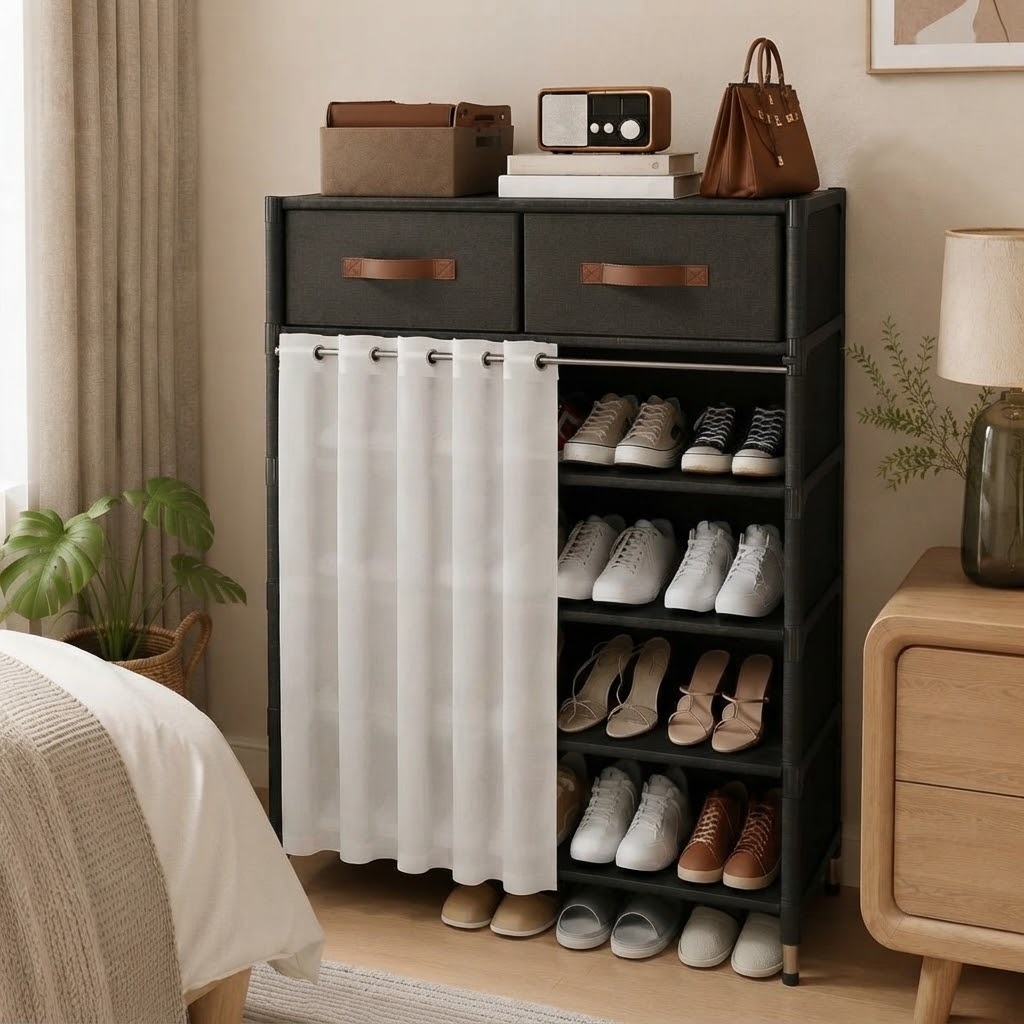 ORGANIZADOR ZAPATERO DE 6 NIVELES CON 2 CAJONES Y CORTINA 102X65X28 - 1