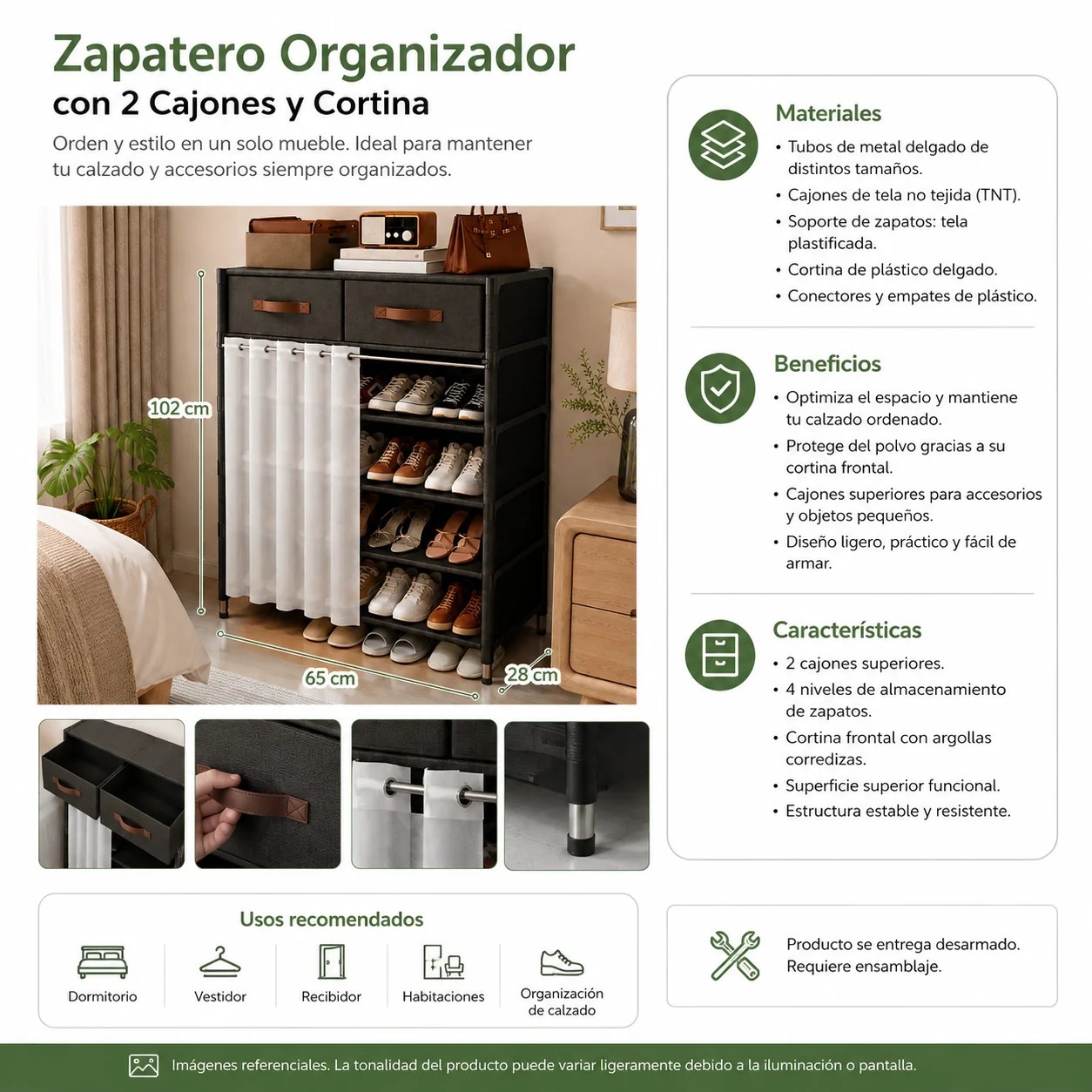 ORGANIZADOR ZAPATERO DE 6 NIVELES CON 2 CAJONES Y CORTINA 102X65X28 - 2