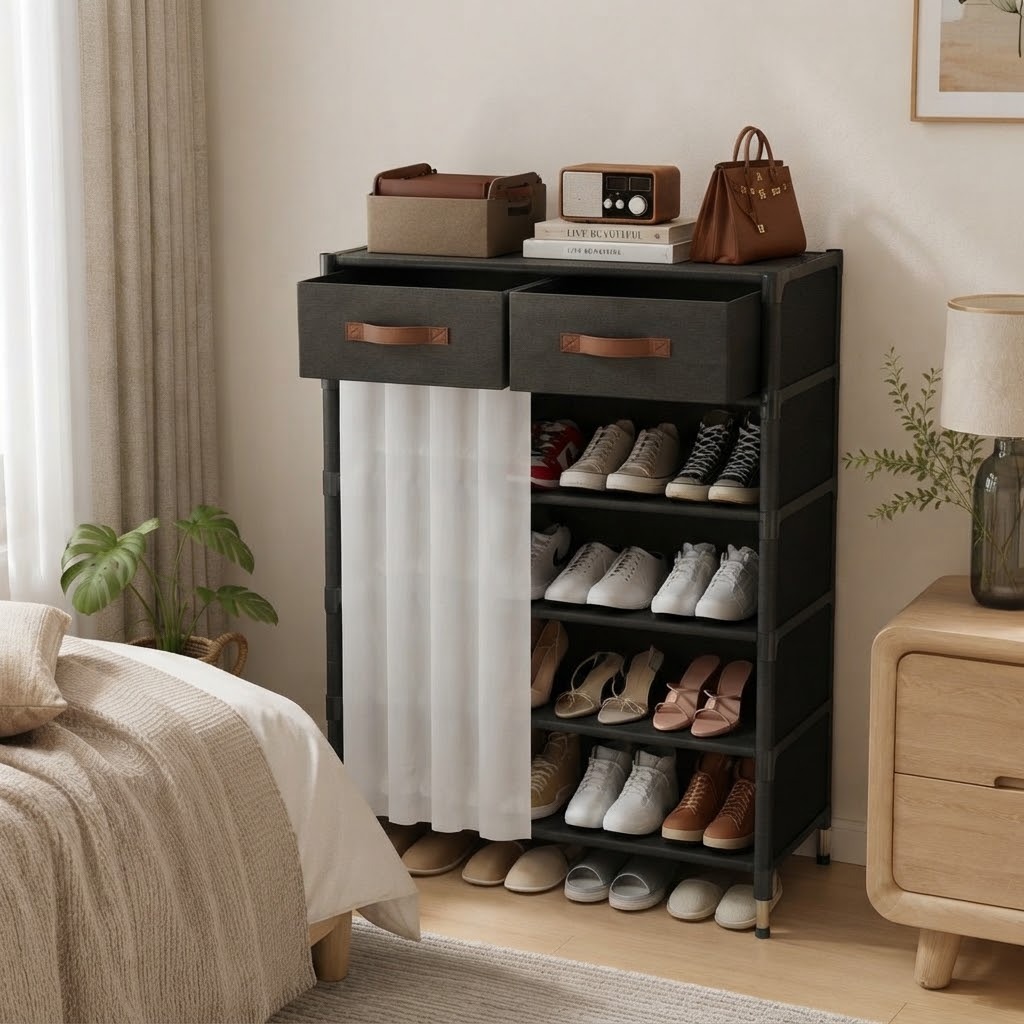 ORGANIZADOR ZAPATERO DE 6 NIVELES CON 2 CAJONES Y CORTINA 102X65X28 - 4