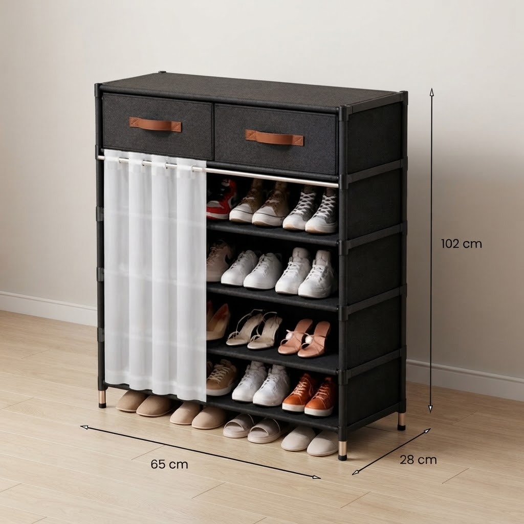 ORGANIZADOR ZAPATERO DE 6 NIVELES CON 2 CAJONES Y CORTINA 102X65X28 - 5