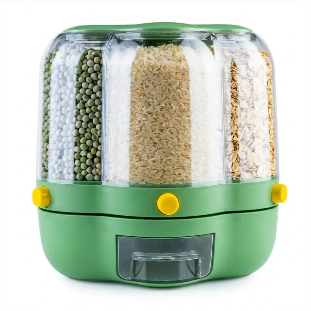 DISPENSADOR GIRATORIO DE CEREALES Y GRANOS DE 6 COMPARTIMENTOS CON DOSIFICADOR CAPACIDAD 8.5 KG - 1