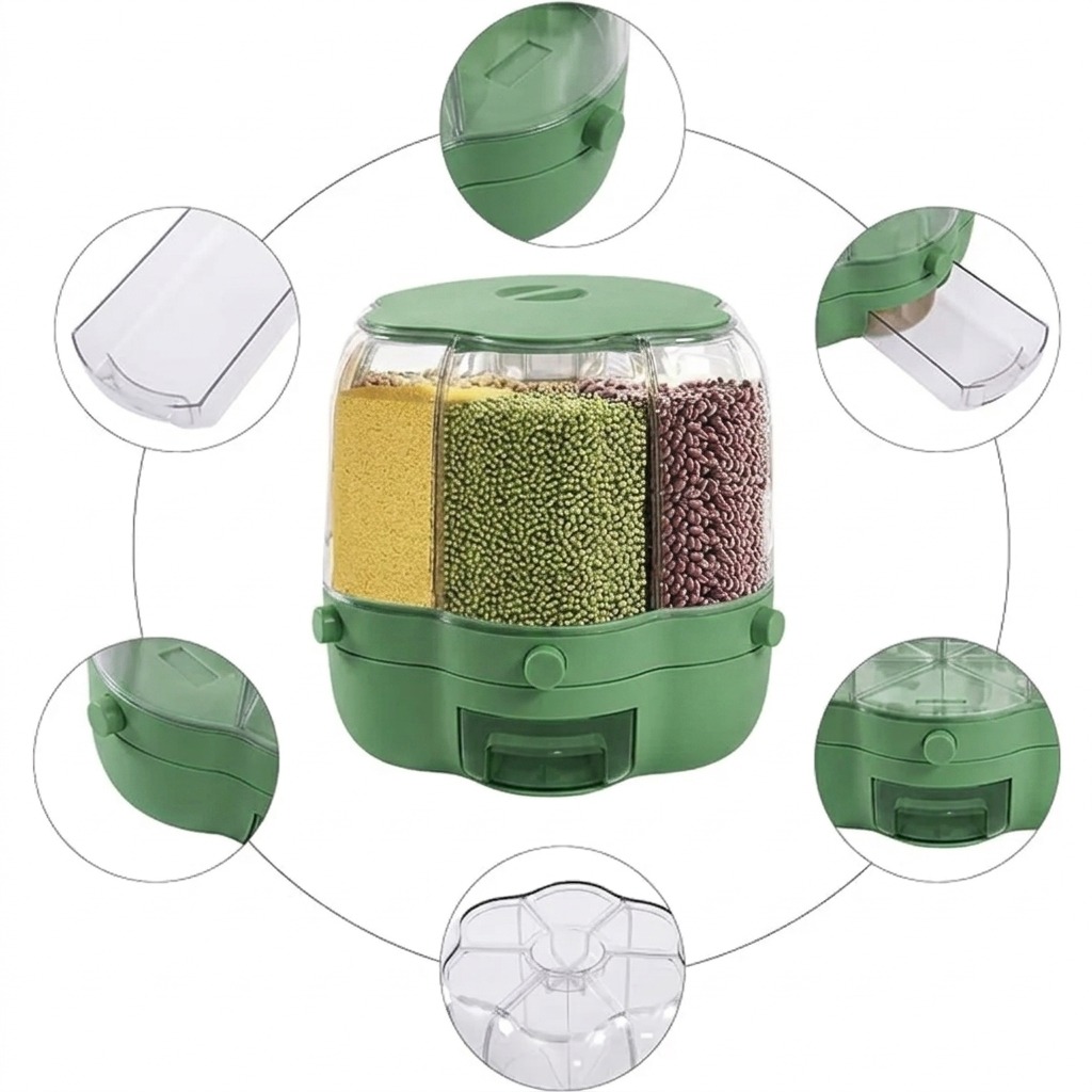 DISPENSADOR GIRATORIO DE CEREALES Y GRANOS DE 6 COMPARTIMENTOS CON DOSIFICADOR CAPACIDAD 8.5 KG - 4