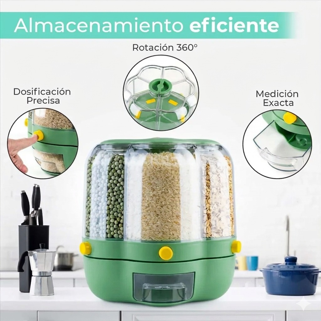 DISPENSADOR GIRATORIO DE CEREALES Y GRANOS DE 6 COMPARTIMENTOS CON DOSIFICADOR CAPACIDAD 8.5 KG - 2