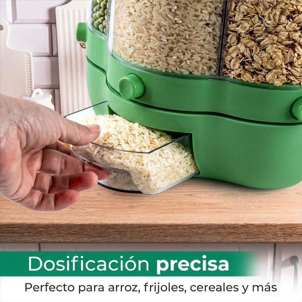 DISPENSADOR GIRATORIO DE CEREALES Y GRANOS DE 6 COMPARTIMENTOS CON DOSIFICADOR CAPACIDAD 8.5 KG - 4