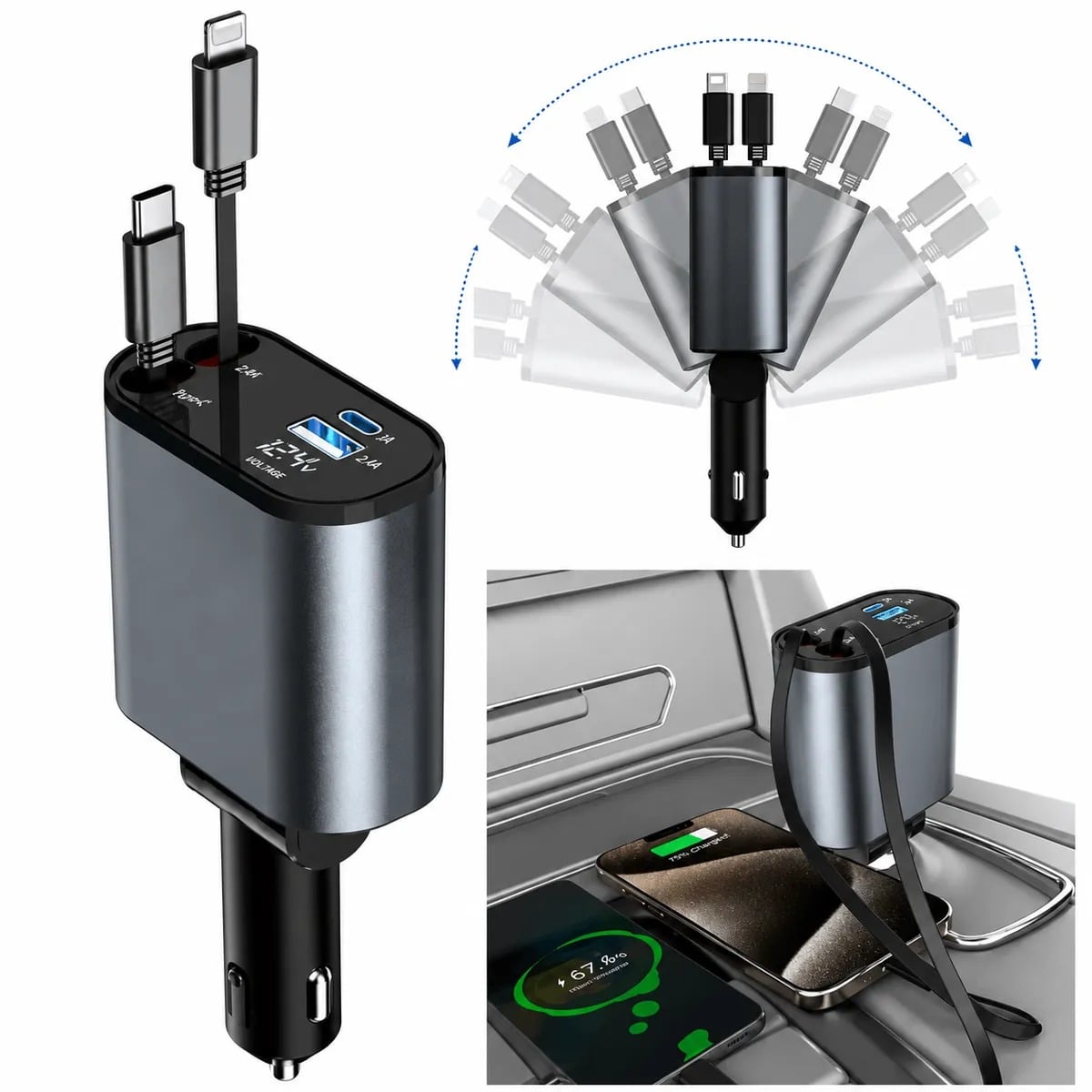 ADAPTADOR DE CARGA RAPIDA PARA AUTO 4 EN 1 CON CABLES RETRACTILES USB-C Y LIGHTNING, PANTALLA DIGITAL LED 120W - 1