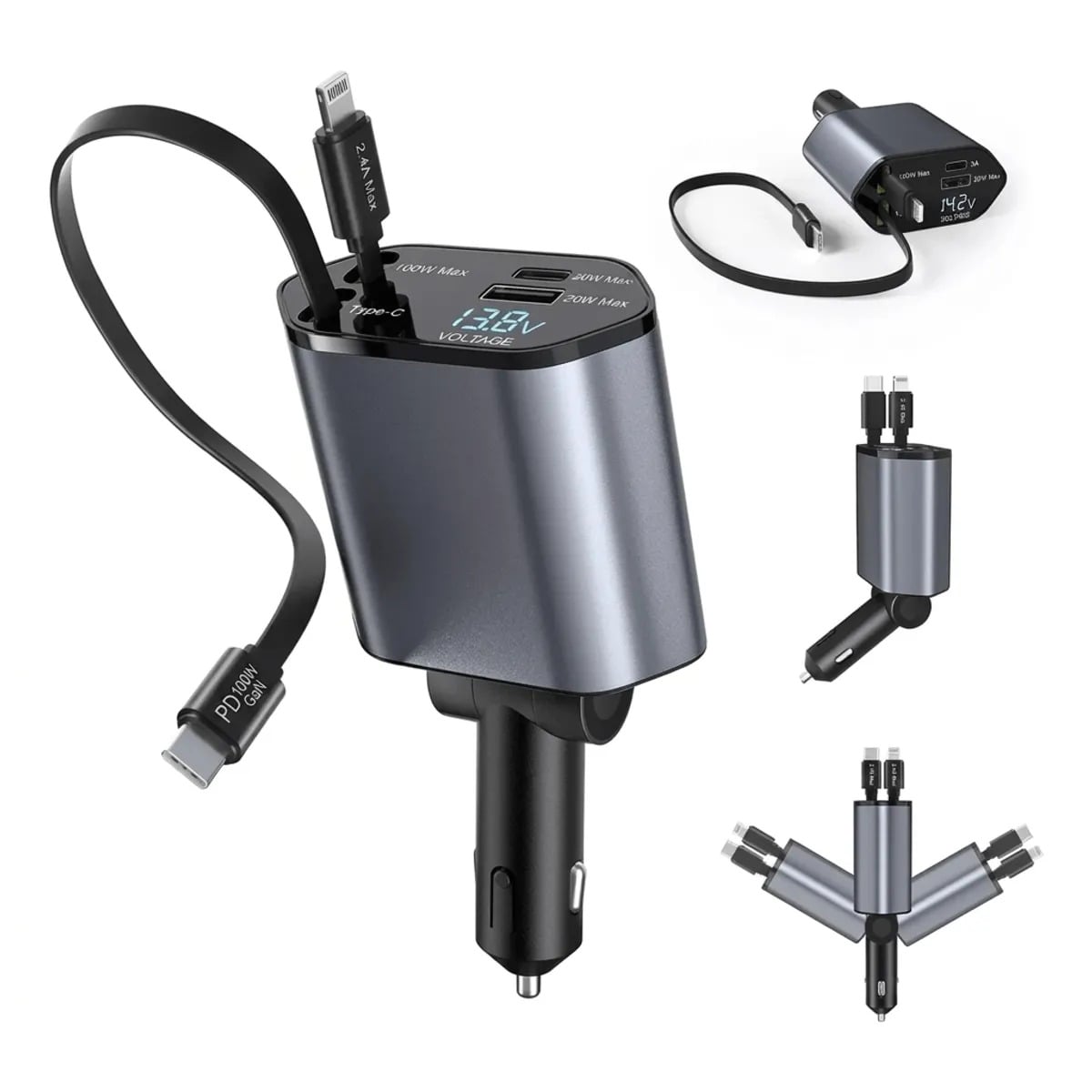 ADAPTADOR DE CARGA RAPIDA PARA AUTO 4 EN 1 CON CABLES RETRACTILES USB-C Y LIGHTNING, PANTALLA DIGITAL LED 120W - 2
