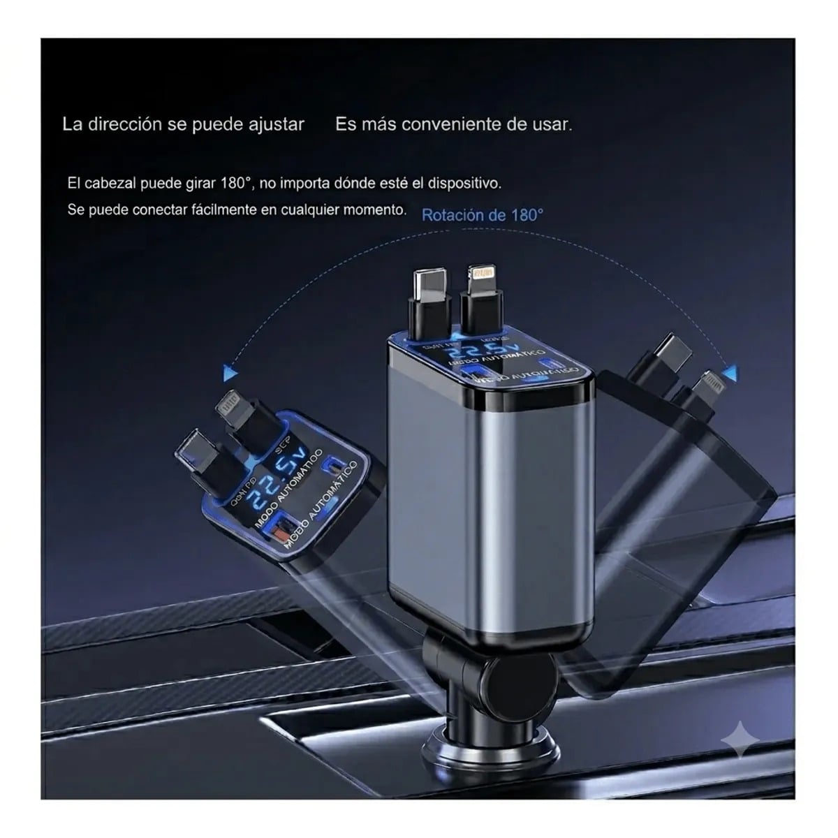 ADAPTADOR DE CARGA RAPIDA PARA AUTO 4 EN 1 CON CABLES RETRACTILES USB-C Y LIGHTNING, PANTALLA DIGITAL LED 120W - 4