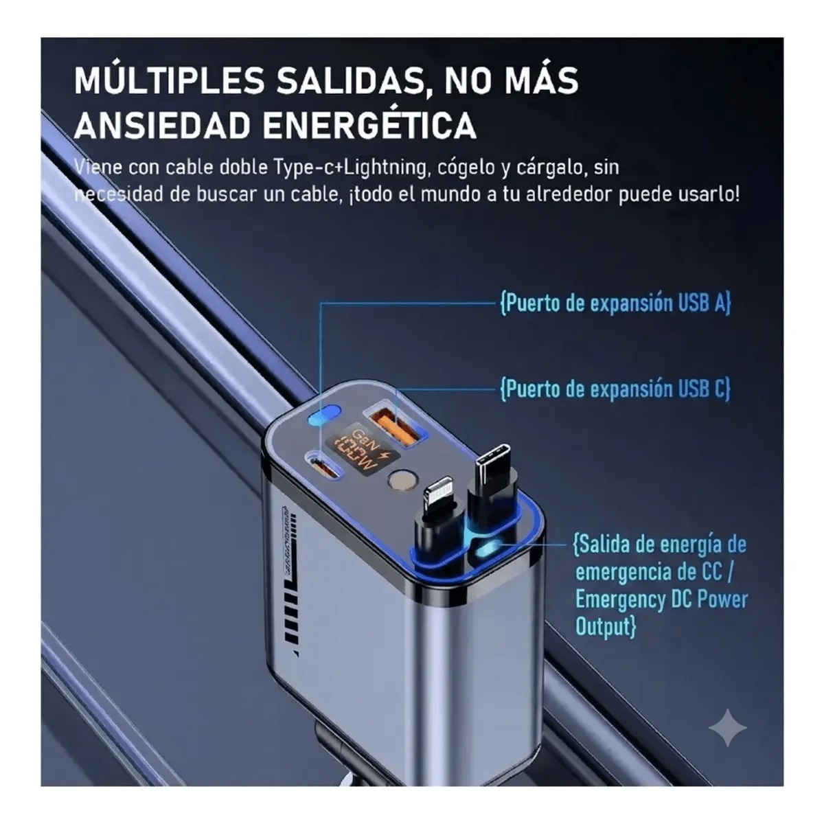 ADAPTADOR DE CARGA RAPIDA PARA AUTO 4 EN 1 CON CABLES RETRACTILES USB-C Y LIGHTNING, PANTALLA DIGITAL LED 120W - 5